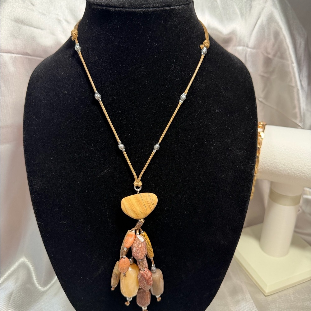 Handcrafted Tan Wood Bead Tassel Necklace